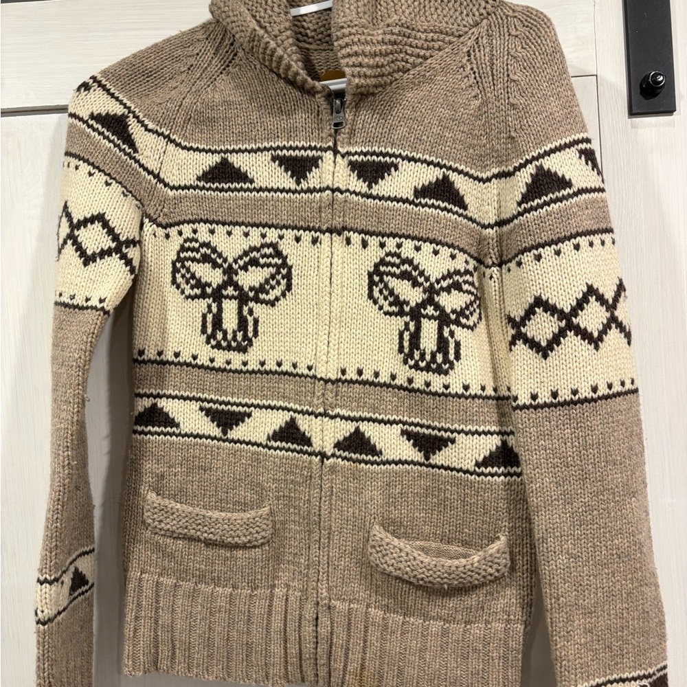 TNA Brown and Cream Knit Zip-Up Sweater